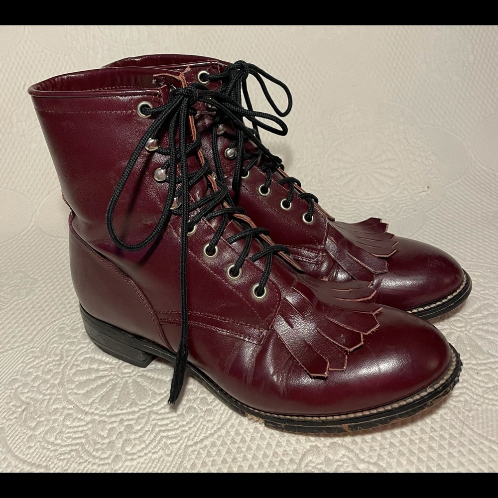 JUSTIN Leather Lace-up Burgundy Boots damage